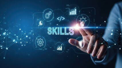 Fototapeta premium Skillful Touch: A hand interacts with a futuristic interface, activating a glowing SKILLS icon amidst a constellation of digital elements, symbolizing innovation and technological advancement.