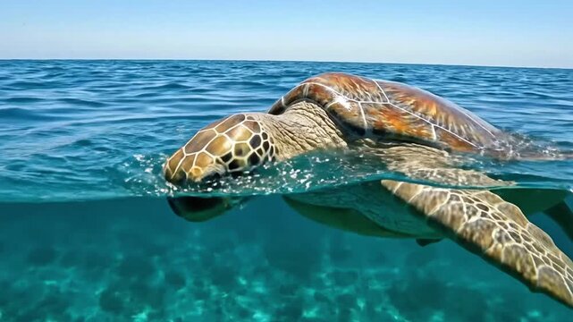 Green sea turtle swims in clear ocean water near coral reef under sunny sky in tropical location