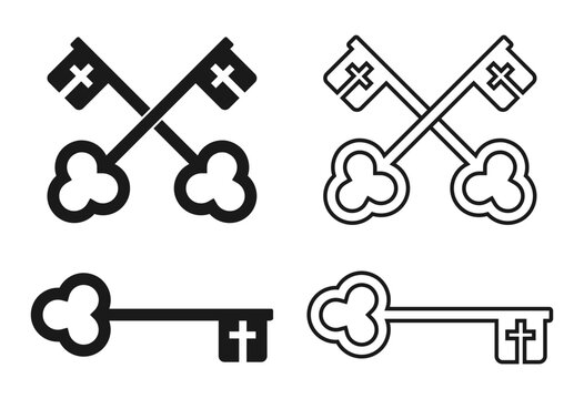 Saint Peters keys symbol. St. Peter key icon sign. Christianity and roman catholic symbol. Pope insignia. Vector illustration image.