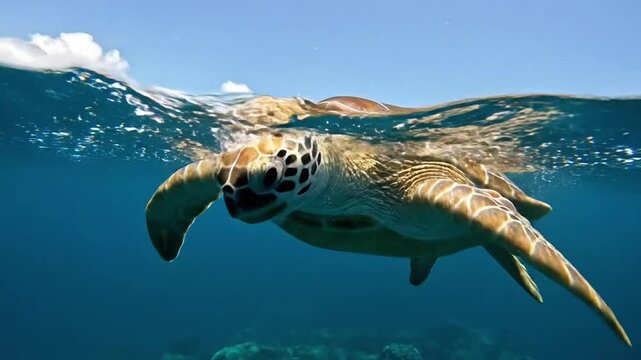 Green sea turtle swims over coral reef in clear blue water during sunny day