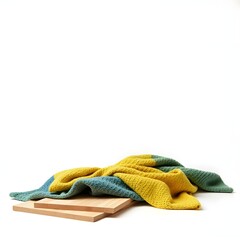 Minimal Still Life of Colorful Woven Fabric Draped on Wooden Boards Isolated on White Background