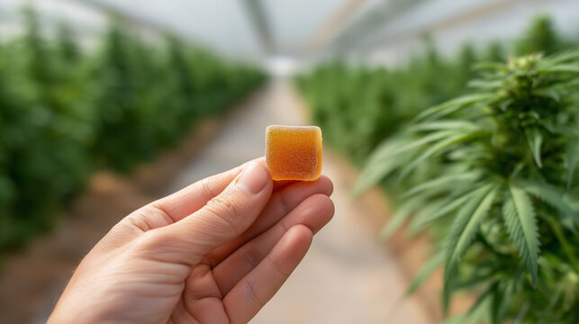 Hand holding a cannabis gummy cube with marijuana plants in a greenhouse, representing the cultivation and processing of edibles