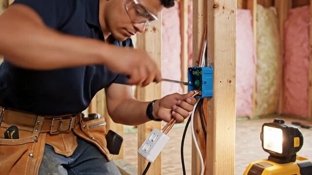 Electrician works on wiring installation in a wooden frame house under construction