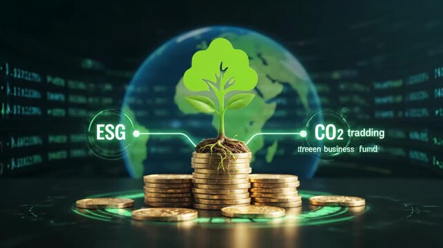 Sustainable Investment and Growth Concept - A young plant sprouts from a stack of gold coins, symbolizing financial growth linked to sustainability.