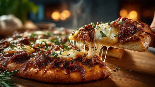 Сlose-up of a hand taking a slice from a delicious pulled pork pizza with herbs and vegetables. food photography with a bright kitchen background, warm natural lighting