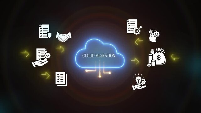 Cloud Migration Concept with and Arrows on Dark Background cloud computing data migration digital transformation