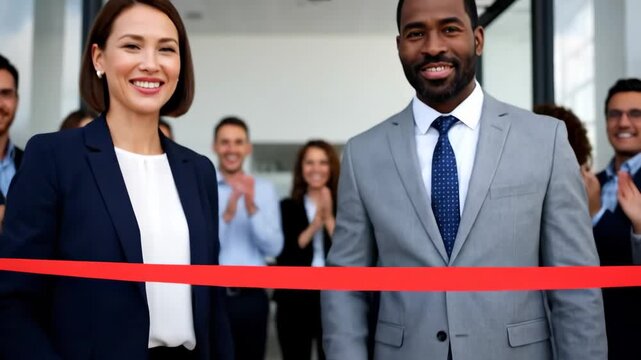 Grand Opening Ribbon Cutting Ceremony - A diverse group of business professionals cuts a red ribbon at a grand opening ceremony. The woman on the left and the man on the right are using gold scissors.