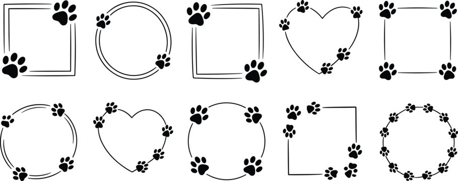 Cartoon paw print frames set, pet-themed borders, heart, circle, square shapes, black line icons, animal design elements