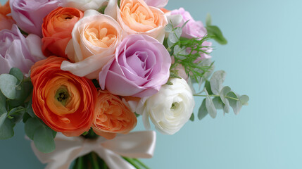 Obraz premium Beautiful pastel flower bouquet with roses and ranunculus tied with a satin ribbon