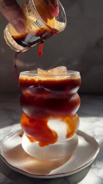 Pouring Hot Espresso Shot into a Glass of Ice to Make Iced Americano