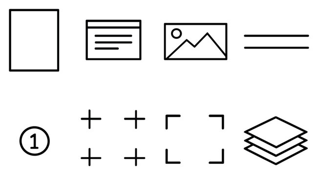 Page Composition Tools in outline style: page frame outline, text frame, image placeholder, header/footer line, page number icon, bleed marks, crop marks. Vector icons