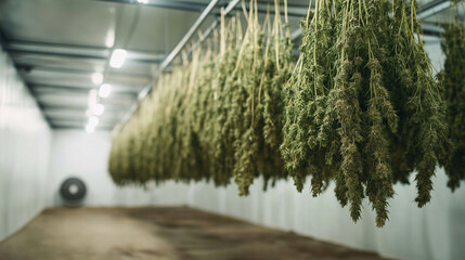 Obraz premium Cannabis plants hanging upside down for drying, showcasing the post harvest process in a controlled environment
