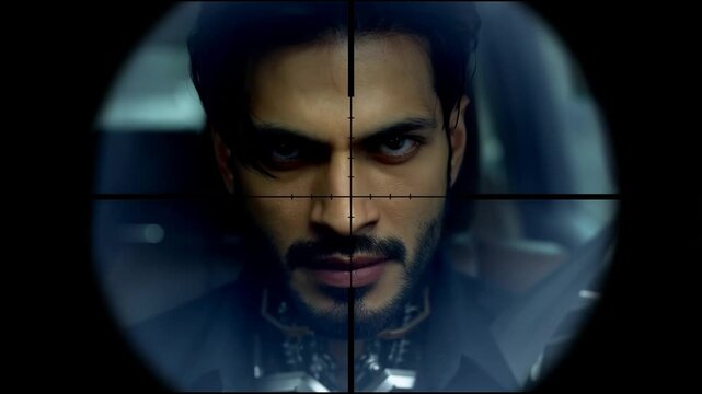 Through a sniper scope, a man with a cybernetic arm is seen driving in the rain, followed by a tight close-up of his face locked in the crosshairs