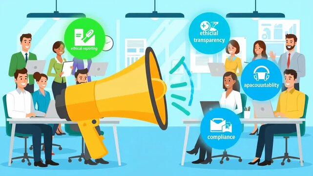 Business Ethics and Compliance Cartoon - Cartoon video depicting diverse business professionals working at desks with laptops and large megaphone with ethical buzzwords like compliance, ethical