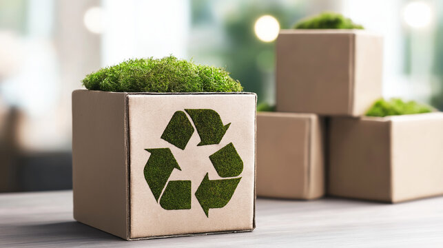 Recycled cardboard packaging box with green moss symbolizing eco friendly sustainable consumption and delivery
