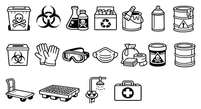 Public Waste Management Hazardous Waste Handling in outline style: hazardous waste bin, biohazard symbol, chemical container, battery disposal box, paint can. Vector icons