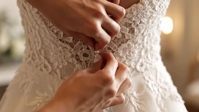 Fastening a Wedding Dress - A close-up shot shows hands carefully fastening the delicate buttons on the back of a beautiful white lace wedding dress.
