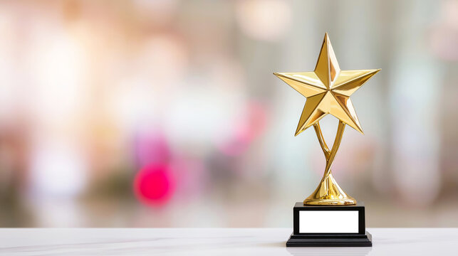 Golden star award representing success, achievement, excellence, and winning a prize on a white marble surface