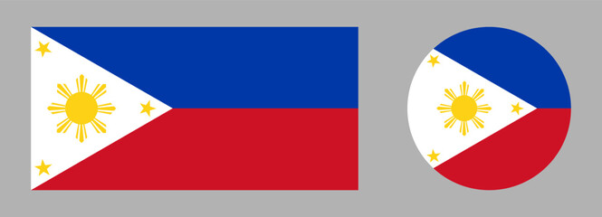 Philippines Flag rectangle, circle icons. Flag of Philippines round, rectangular badges. Set of National Philippine flag symbol, button.