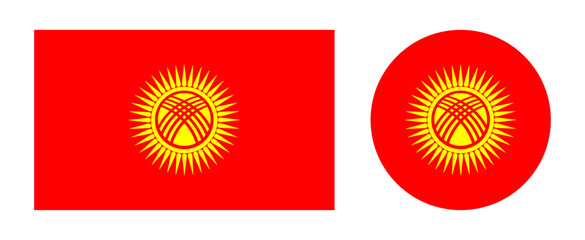 Flag of Kyrgyz round, rectangular badge, button set. National circle, rectangle Flag of Kyrgyz. Kyrgyzstan republic flag icon template. Kyrgyzstan flag symbol.