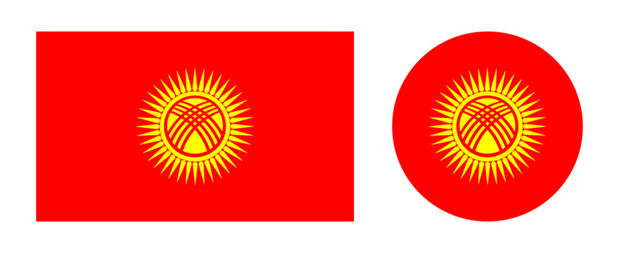 Flag of Kyrgyz round, rectangular badge, button set. National circle, rectangle Flag of Kyrgyz. Kyrgyzstan republic flag icon template. Kyrgyzstan flag symbol.