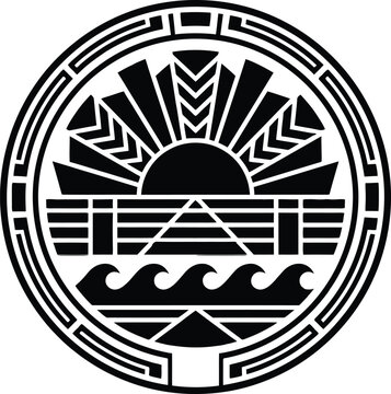 Art Deco circular emblem with geometric sunburst rays, stylized ocean waves and ziggurat mountain step pattern, vintage 1920s retro design element in black and white for classic badge concepts.