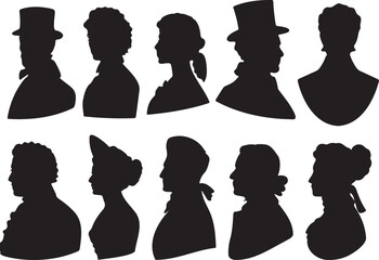 Large Set of Vintage People Silhouettes with Victorian Gentlemen and Ladies Profiles