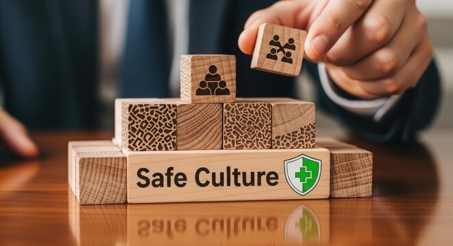 Building a foundation for a safe culture within a corporate environment using wooden blocks