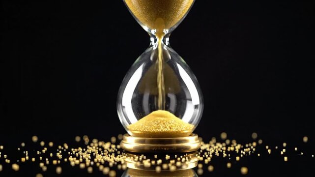 Hourglass shows time passing with sand falling inside glass structure in dark background