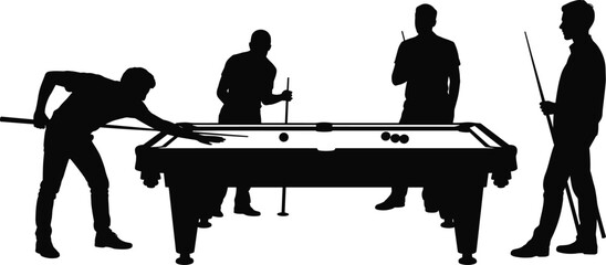 Silhouette of four people playing billiards around pool table, cue sticks in hand, social interaction, competitive game, concentration, teamwork, leisure activity, and modern visual concept © MSTNASRIN