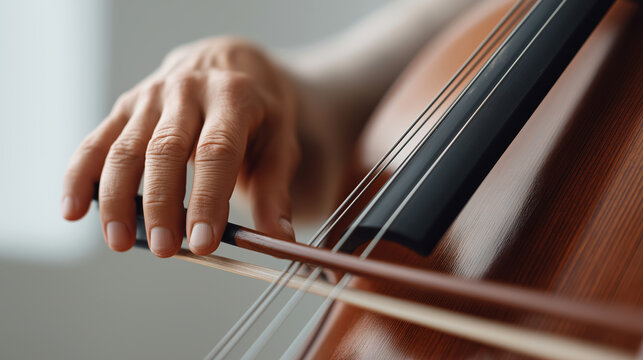 Musician's hand gracefully playing cello, fingers pressing strings, bow creating music on classical wooden instrument