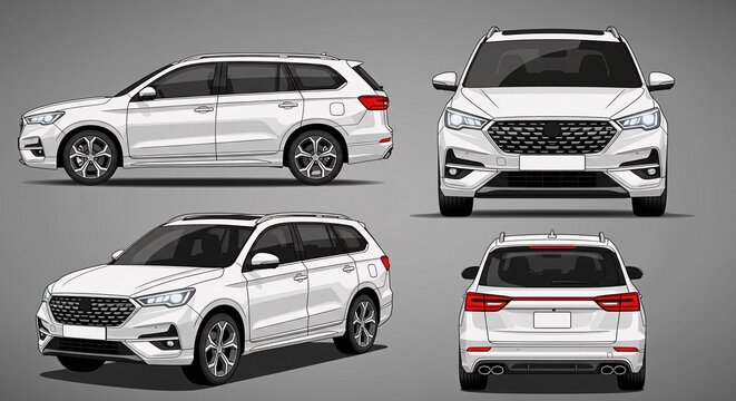 Four views of a white SUV car on a gray background, showing side, front, three-quarter front, and rear views.