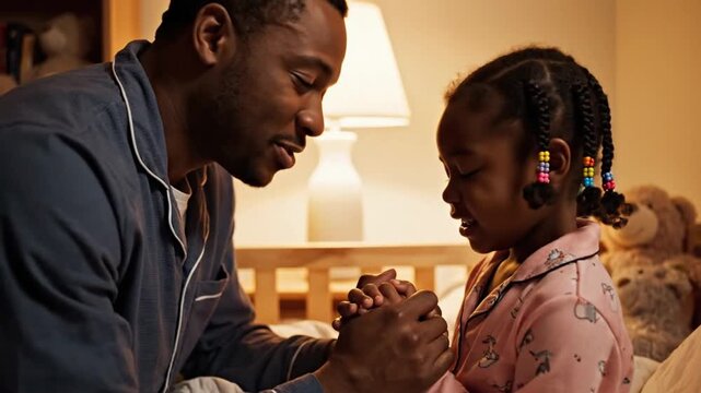 Father and daughter pray together at bedtime in a cozy room with soft lighting