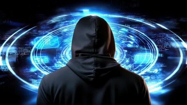 Anonymous Intrigue: A hooded figure stands poised before a mesmerizing digital interface, embodying the enigmatic world of cybersecurity and technological prowess. 