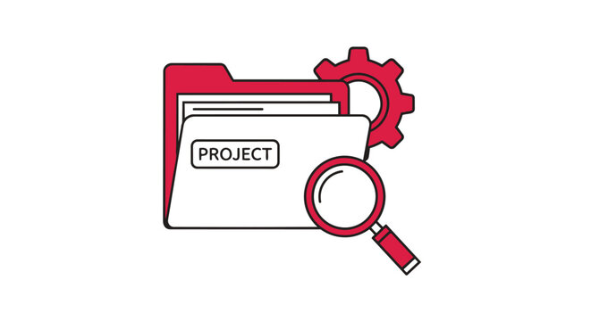 Project management icon with magnifying glass and gear