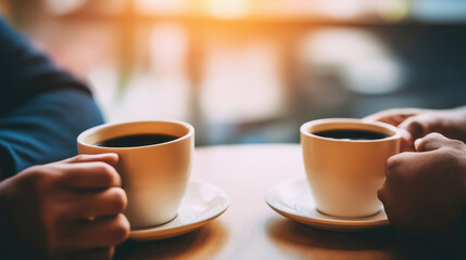 Fototapeta premium People having a coffee break, hands holding warm cups during informal conversation at a cafe table