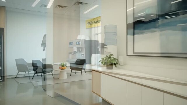Modern Office Break Room - A well-lit modern office break room features a coffee machine, water cooler, and comfortable waiting area. The space is designed for employees to relax and recharge.