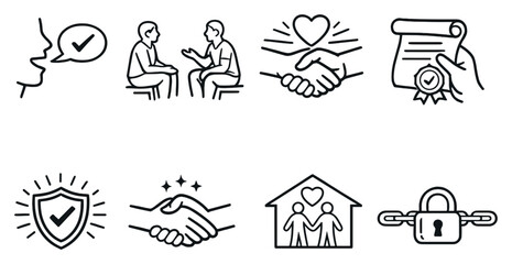 Honest Interaction Set in outline style: truthful speech, open posture, clear intent, promise keeping, credibility badge, trust reinforcement, relational. Vector icons