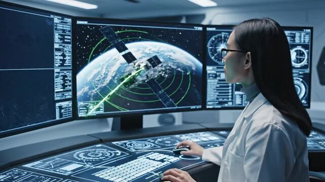 Scientist monitors satellite data at space control center during day shift with multiple screens
