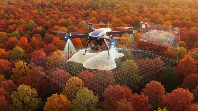 Medium shot showing a drone using photogrammetry to create 3D maps of a forested area with vibrant autumn colors