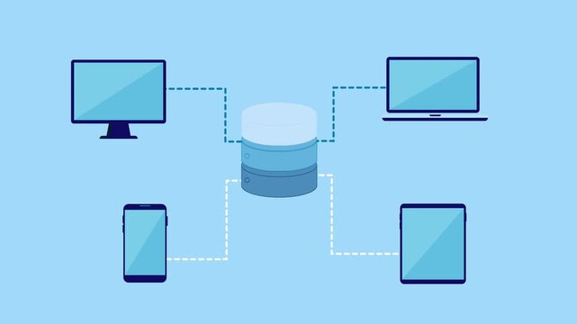 Flat vector illustration of a central server connected to desktop, laptop, tablet, and smartphone with blue upload flow and white download flow, representing bidirectional data synchronization.
