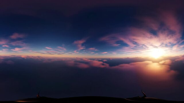 Dramatic Sunset Cloudscape - A wide shot of a vibrant sunset over a sea of clouds. The sky is a mixture of pink, orange, and blue hues, with the sun's golden light piercing through the clouds.