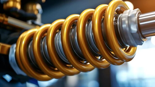 Close up view of a new, advanced golden shock absorber with its spring, representing automotive technology, performance parts, and vehicle suspension systems for cars or motorcycles