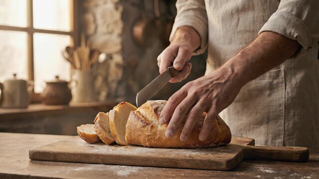 Hands cut fresh bread on a wooden board in a cozy kitchen with sunlight coming through the window