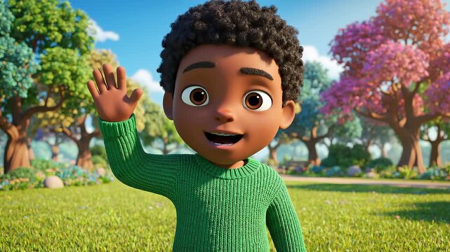 A cheerful animated young boy with dark curly hair waves hello while standing in a vibrant park with green grass, diverse trees, and blooming flowers.