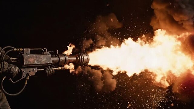 Flame thrower in action during night time training exercise