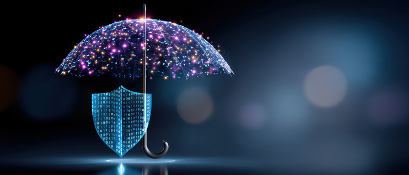 Digital umbrella with shield offering safe cyber security protection concept