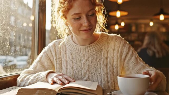 Reading a book while enjoying coffee in a cafe during a sunny afternoon in the city