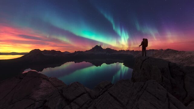 Hiker on Mountain Peak Watching Spectacular Northern Lights Over Reflective Lake and Majestic Landscape