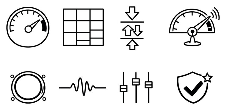 Streaming quality adjustment in outline style: bitrate gauge, resolution grid, adaptive streaming arrows, bandwidth meter, stability ring, sync pulse. Vector icons